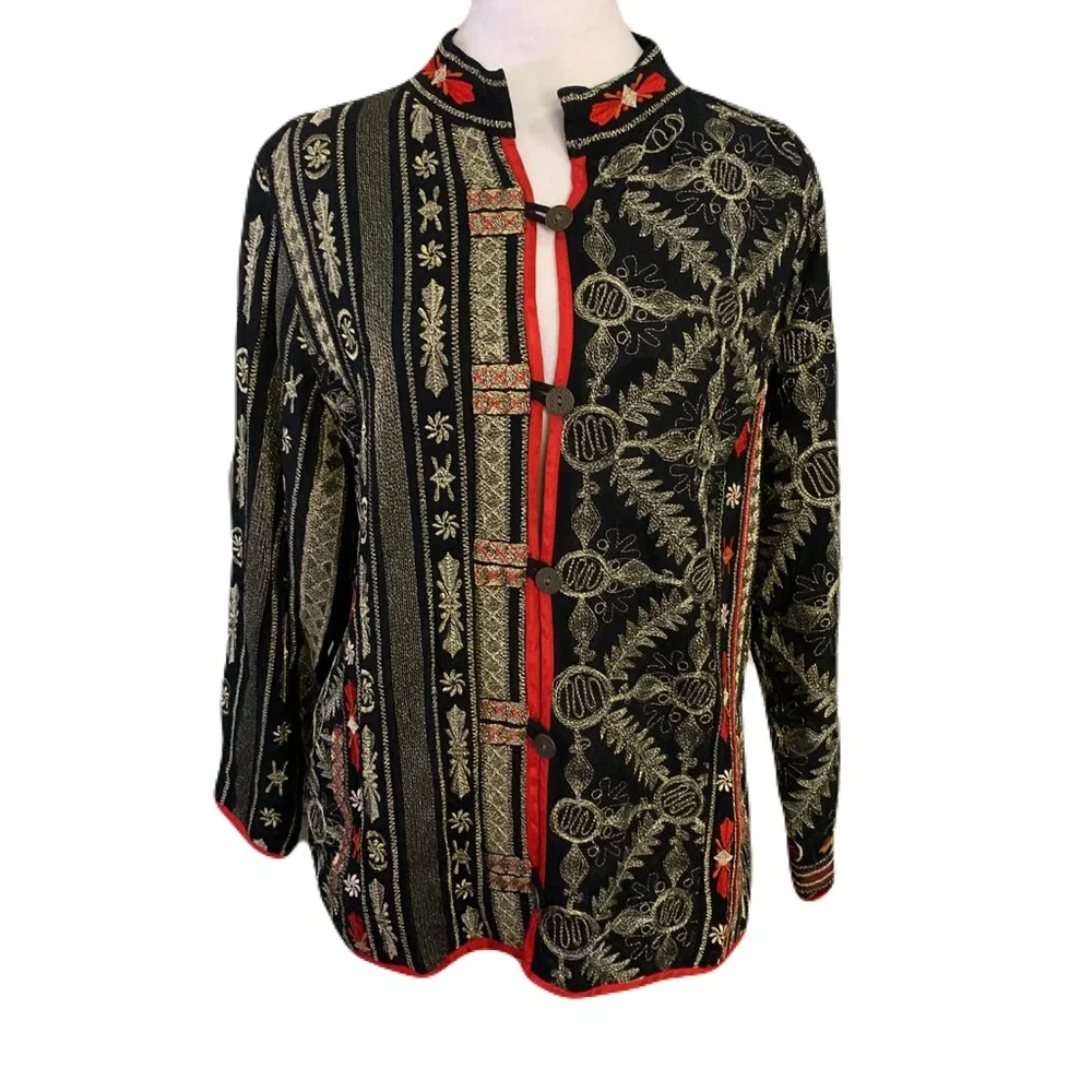 Chico's Womens 3/XL Black Red Gold Fully Embroidered Asian Inspired Light Jacket